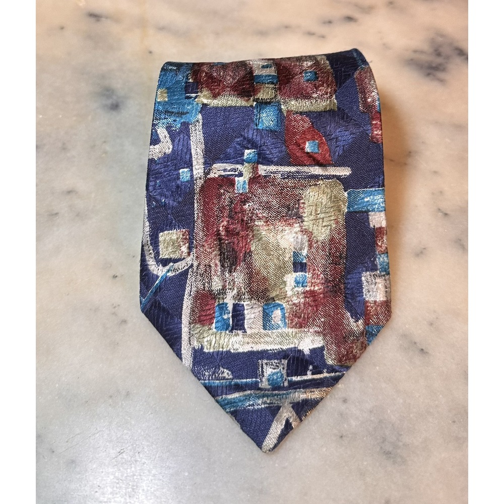 Vintage Paolo Rossi 100% Silk Blue Geometric Abstract Tie Made In Usa